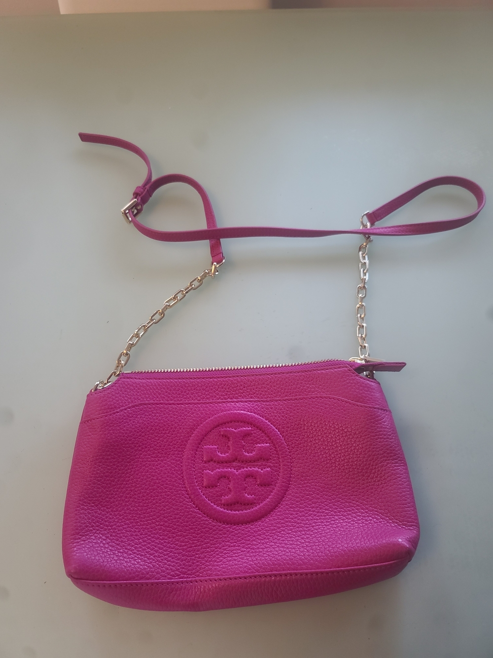 Tory Burch Fuchsia Leather Crossbody with Gold Chain